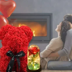 Cadeau St-Valentin lot d’ourson en roses avec sa rose éternelle