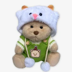 Nino – L’ours en peluche articulé fait main avec combinaison tricoté verte