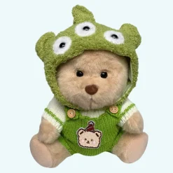 Nino – L’ours en peluche articulé fait main avec combinaison verte et bonnet d’alien