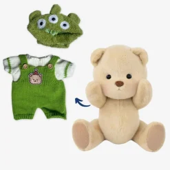 Nino – L’ours en peluche articulé fait main avec combinaison verte et bonnet d’alien