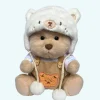 Nino – L’ours en peluche articulé fait main avec pull tricoté et salopette marron