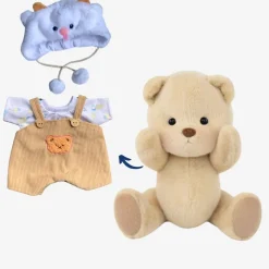 Nino – L’ours en peluche articulé fait main avec pull tricoté et salopette marron