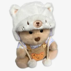 Nino – L’ours en peluche articulé fait main avec pull tricoté et salopette marron