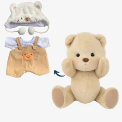 Nino – L’ours en peluche articulé fait main avec pull tricoté et salopette marron