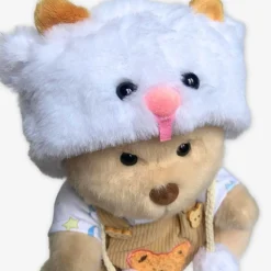 Nino – L’ours en peluche articulé fait main avec pull tricoté et salopette marron
