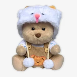 Nino – L’ours en peluche articulé fait main avec pull tricoté et salopette marron