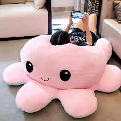 Peluche géante pieuvre réversible visage content et pas content