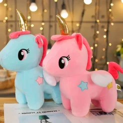 Peluche licorne bleue de corne dorée
