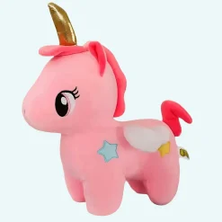 Peluche licorne rose de corne dorée