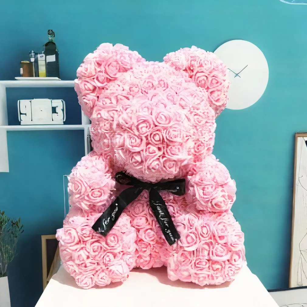 Peluche ours en fleurs rose